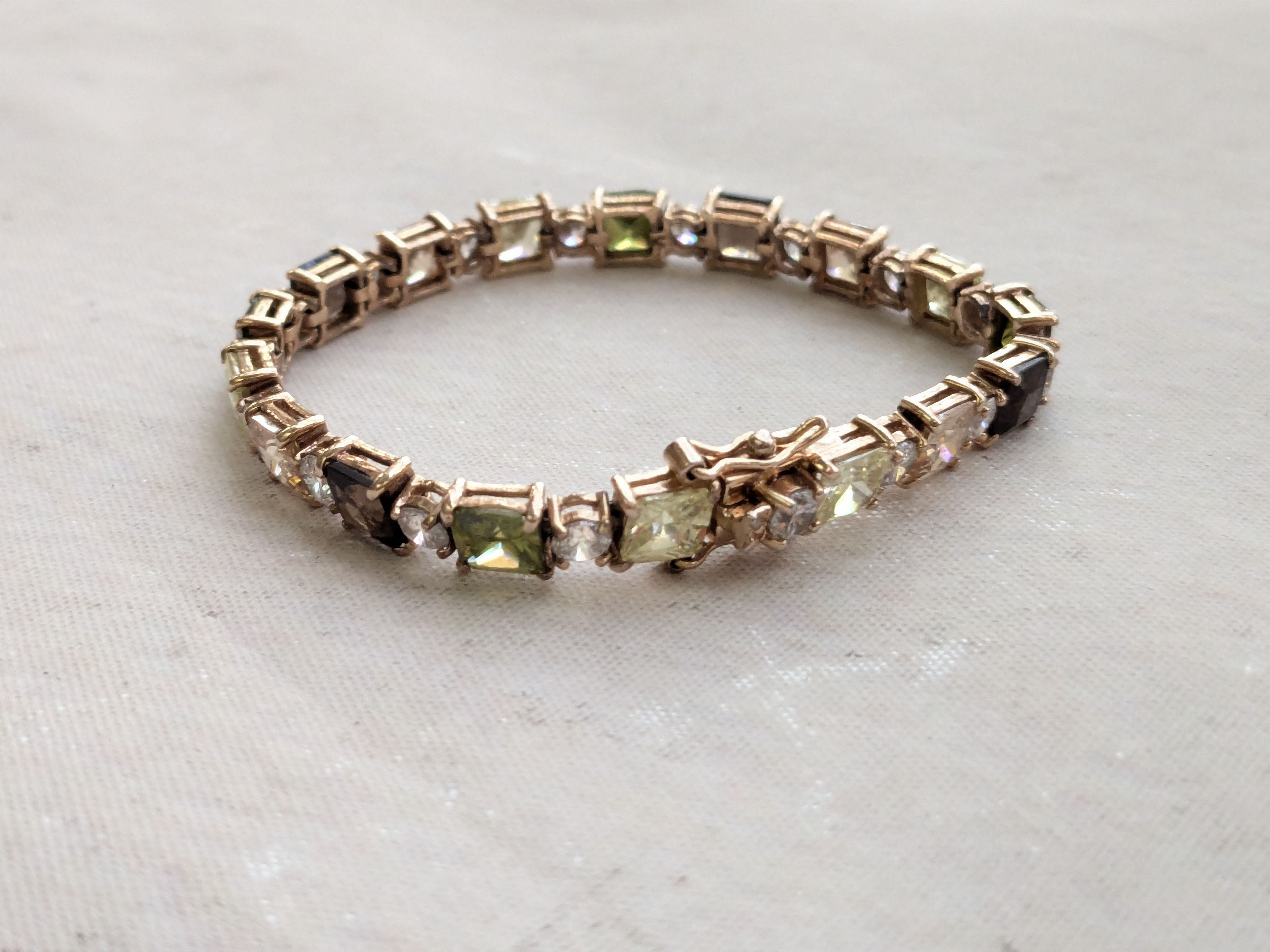 Jewelry Sterling Silver Tennis Bracelet Green Clear Gold 7.25" Size ONE SIZE - 3 Thumbnail