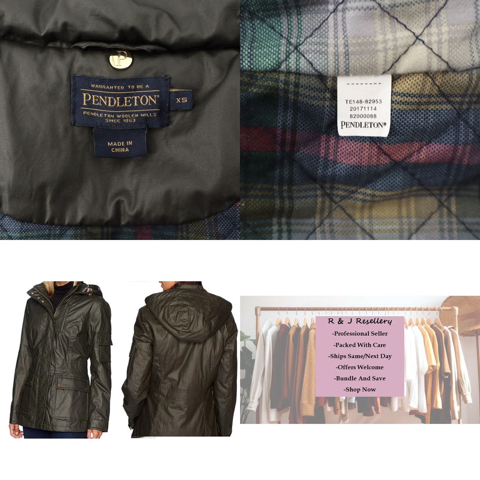 Pendleton Pendleton Women’s Waxed Cotton Hooded Jacket Dark Green XS Hooded All Seasons Rain Coat with Pockets Slim Regular Fit Long Sleeve Size XS / US 0-2 / IT 36-38 - 9 Thumbnail