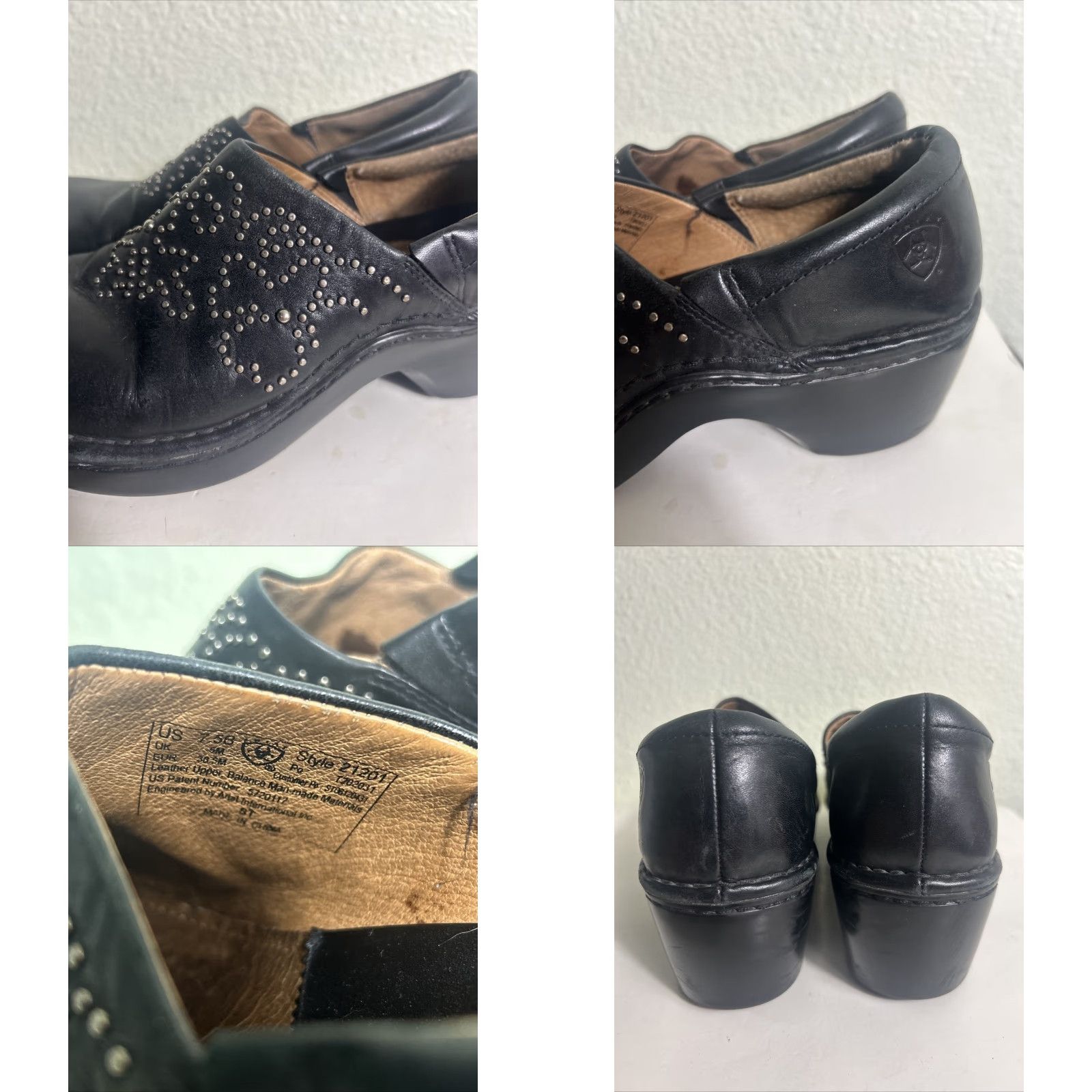Ariat Ariat Strathmore Clog Women 7.5 Black Leather Western Slip On Mules Studded Wedge Heel Rubber Outsole Casual Workwear Size ONE SIZE - 9 Thumbnail