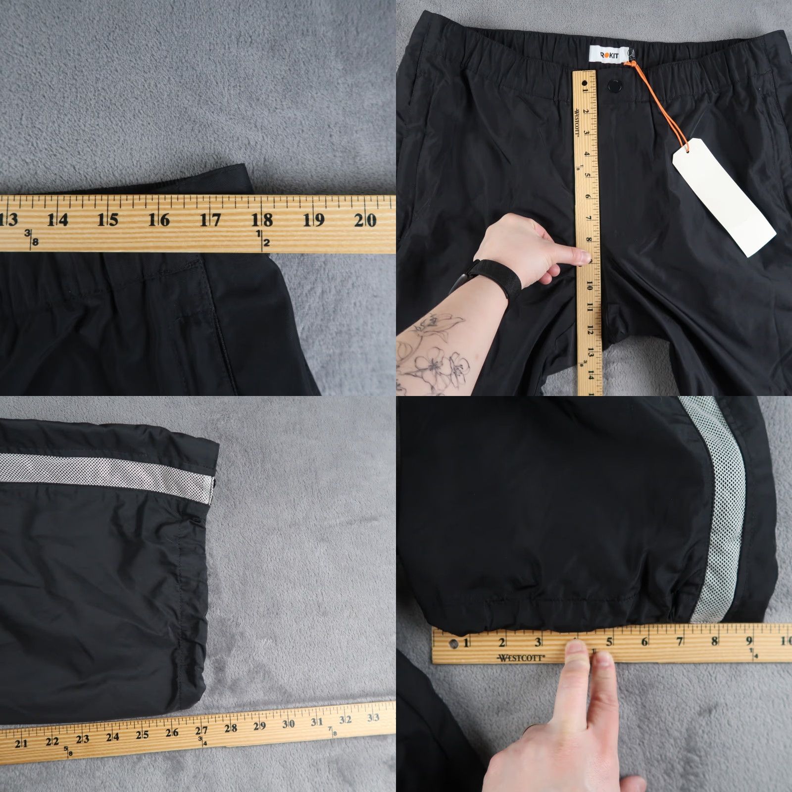 Vintage ROKIT Mens Windbreaker Pants Size L Side Zip Pockets Black Polyester Sports Size US 33 - 8 Thumbnail
