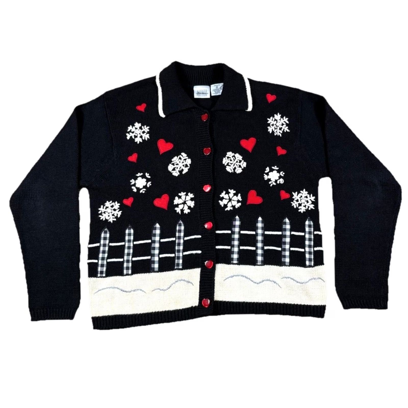 Vintage VINTAGE Jason Maxwell Cardigan Sweater Women M Black Embroidered Snowflakes & Hearts 90s Christmas Holiday Ugly Sweater Size M / US 6-8 / IT 42-44 - 2 Thumbnail