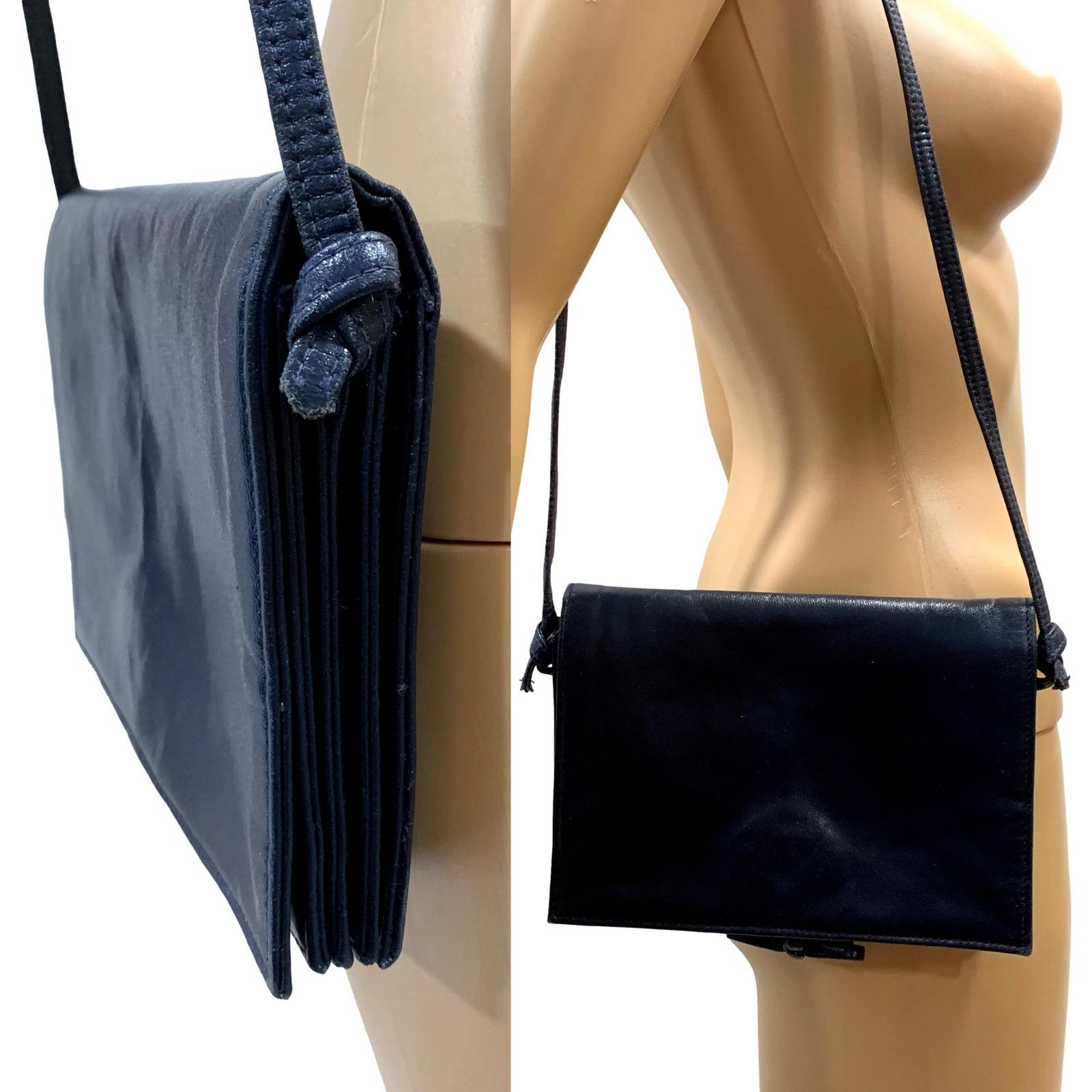 Vintage 70s Mod Markay Dark Blue Leather Shoulder Bag w Flap and Bow Size ONE SIZE - 6 Thumbnail