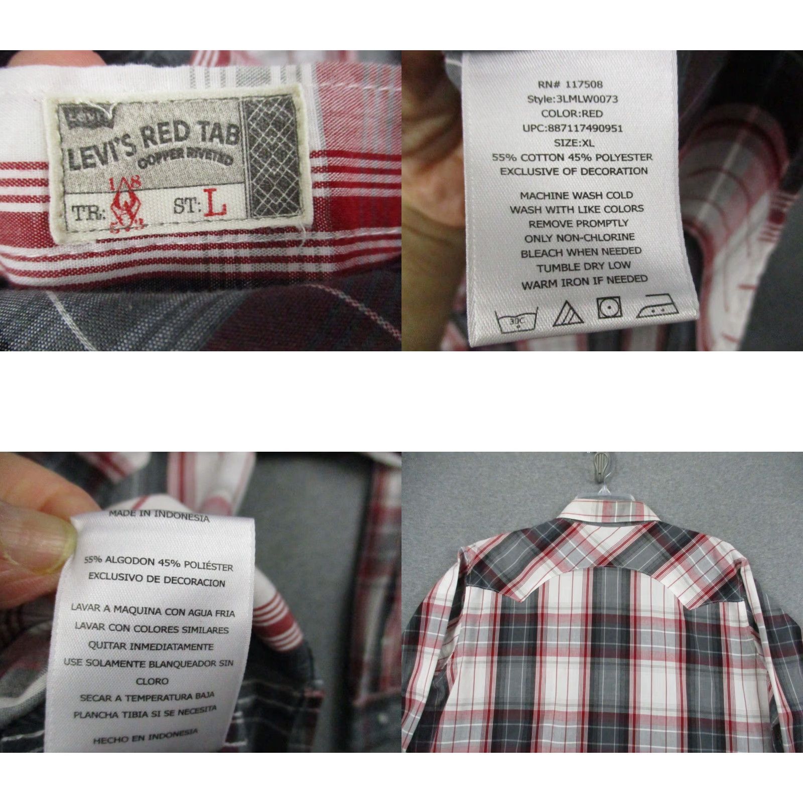 Levi's Levis Pearl Snap Shirt XL Mens Western Red White Plaid Pocket Long Sleeve Cotton Tee? Size US XL / EU 56 / 4 - 8 Thumbnail