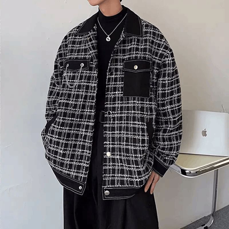 Black colorblock tweed jacket with chain