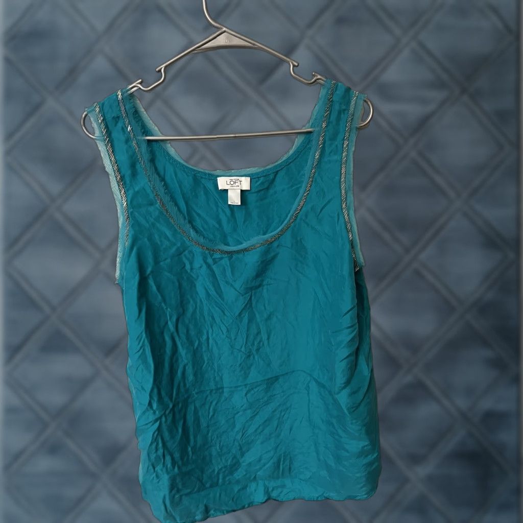 Ann Taylor LOFT Womens Green Silk Cami Tank Top Size Large Beads detail Tank Sleeveless Scoop Neck Vintage: No Size L / US 10 / IT 46 - 1 Thumbnail