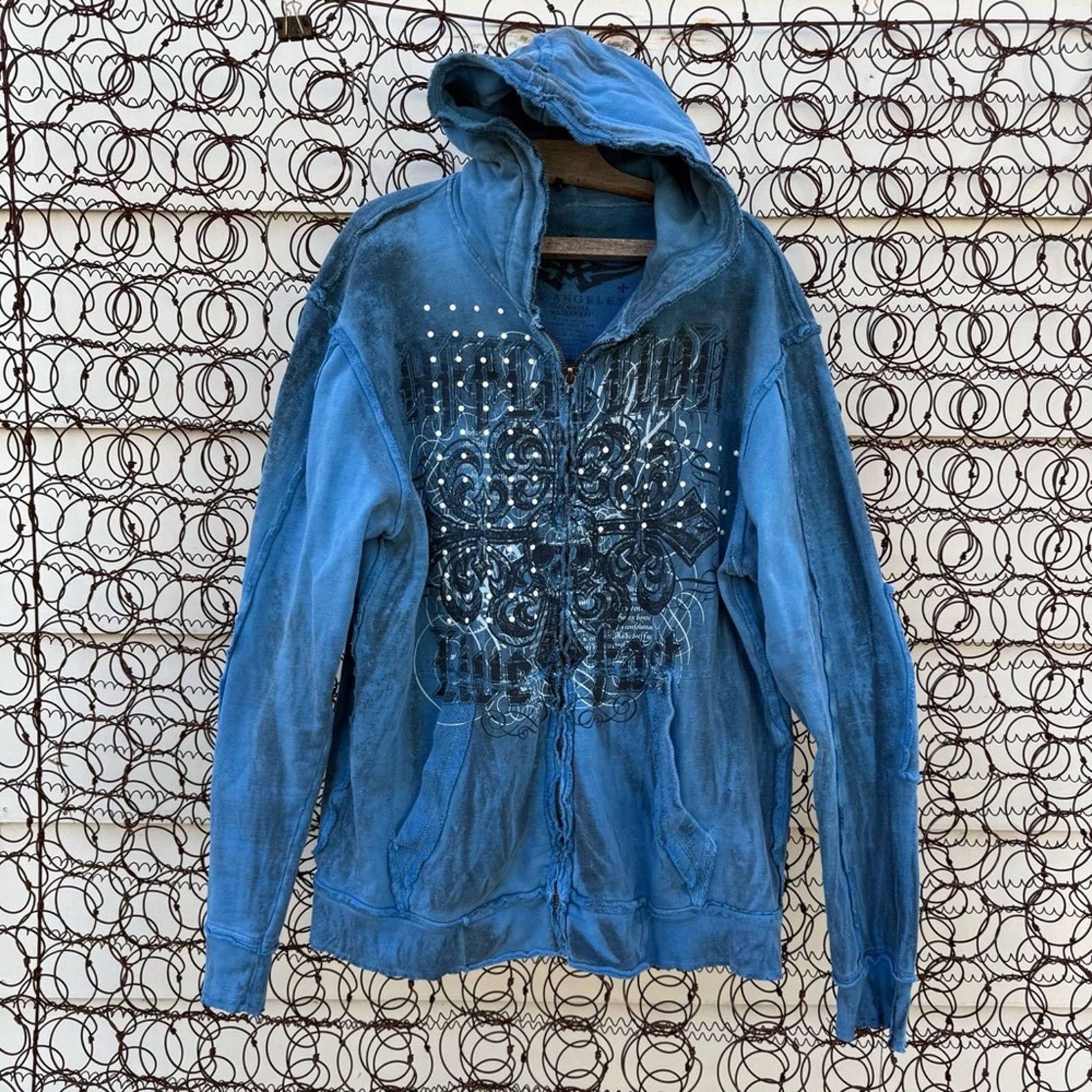 Y2K Affliction Blue Stud Graphic Sweatshirt Hoodie Full Zip
