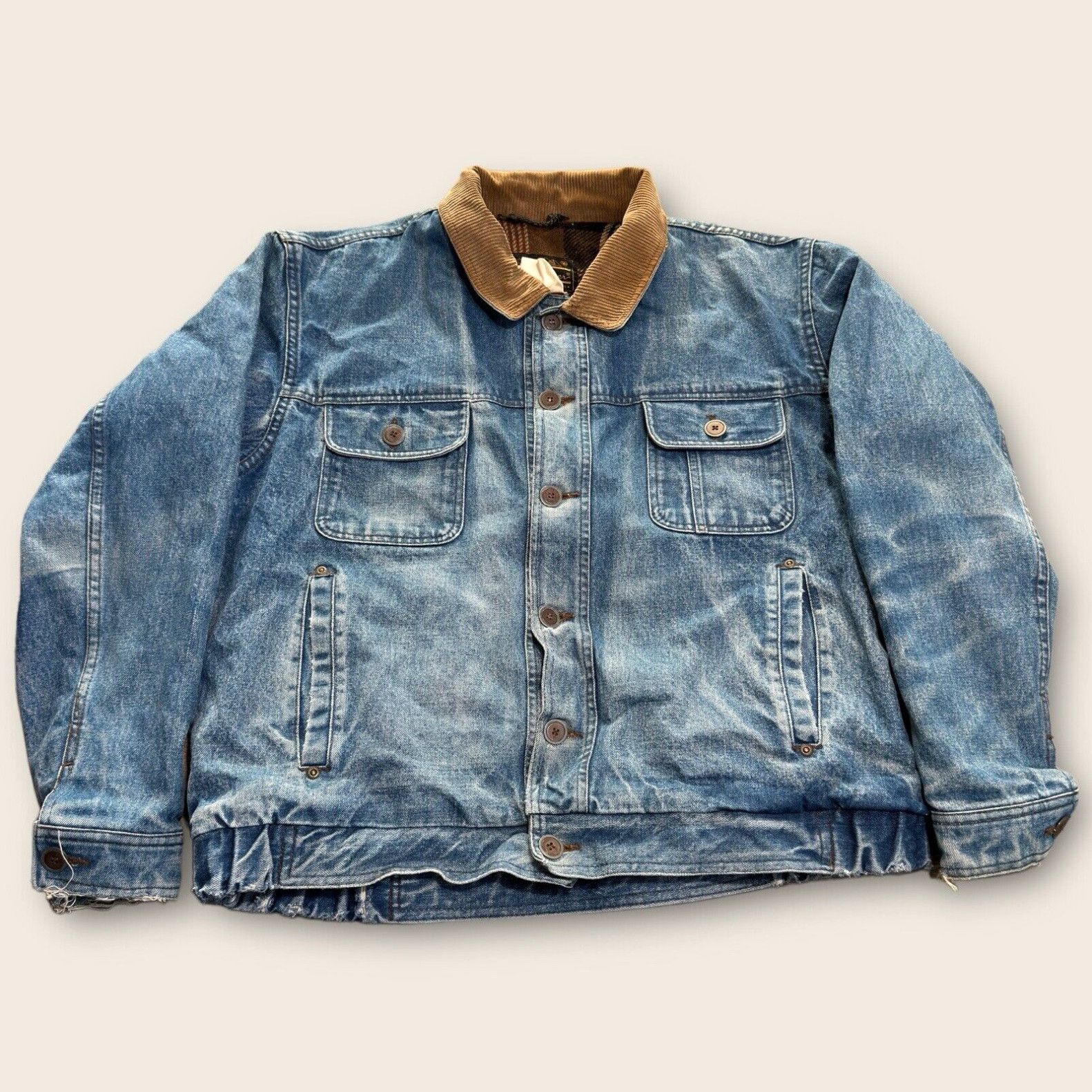 image of VTG Eddie Bauer Jean Jacket Size XL Wool Plaid Lining Cord Collar Denim Trucker in White, Men's