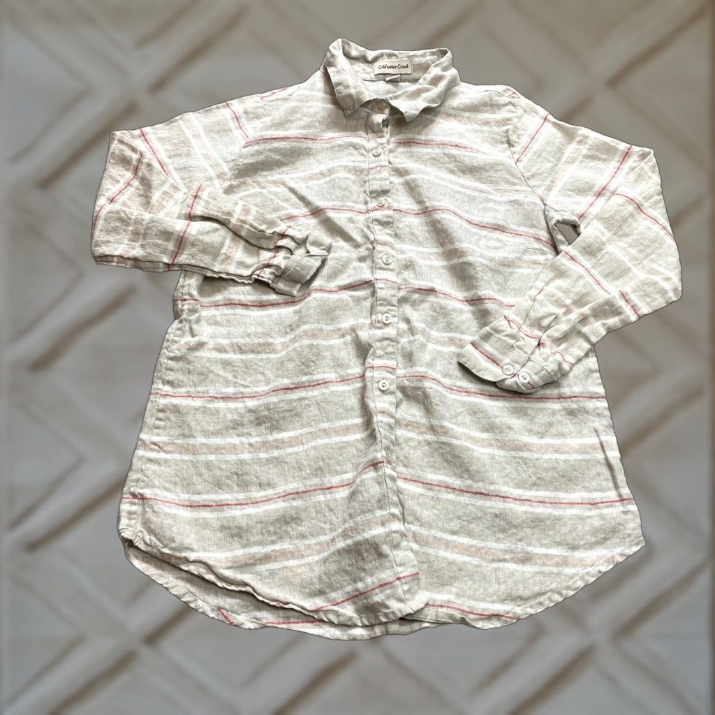 Coldwater Creek Coldwater Creek Button-Up Shirt Womens Small Brown Linen Striped Long Sleeve Collared Button Front - Mens? Size S / US 4 / IT 40 - 1 Thumbnail