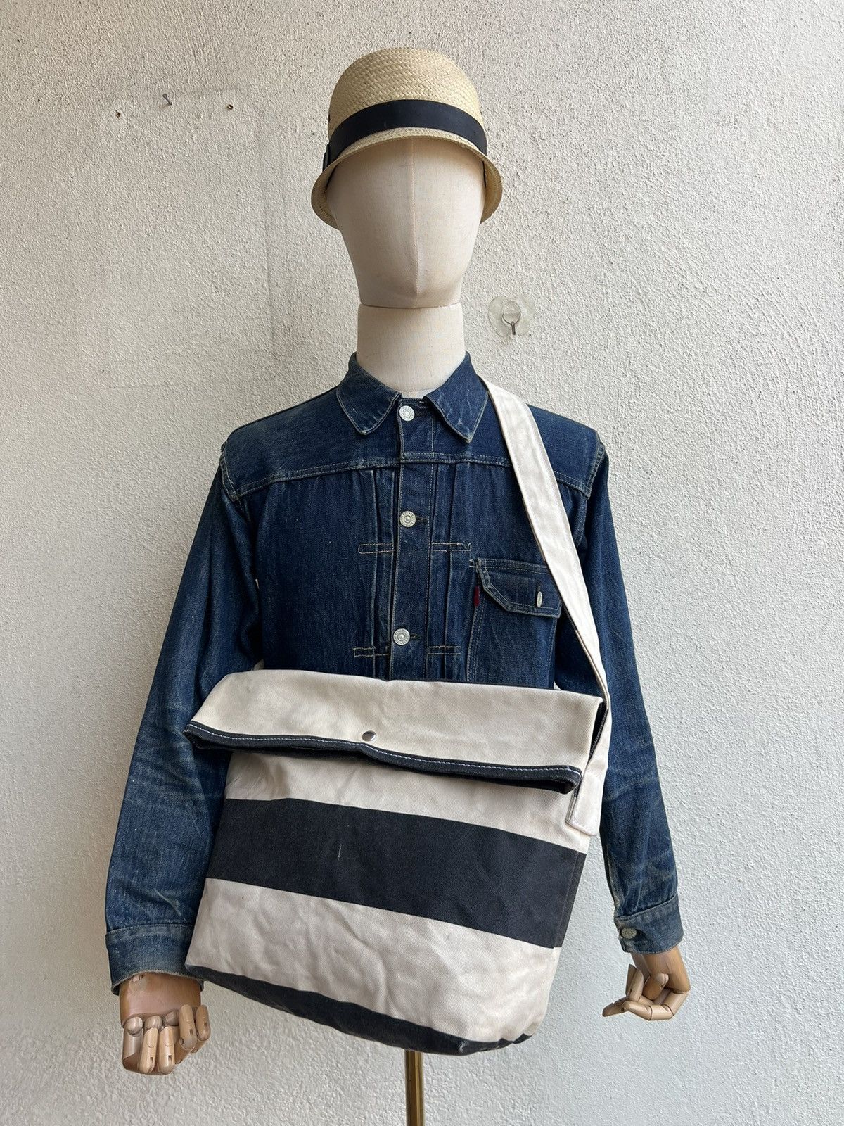 Vintage TEMBEA Japan Border Striped Waxed Canvas Cotton Bag Size ONE SIZE - 1 Thumbnail