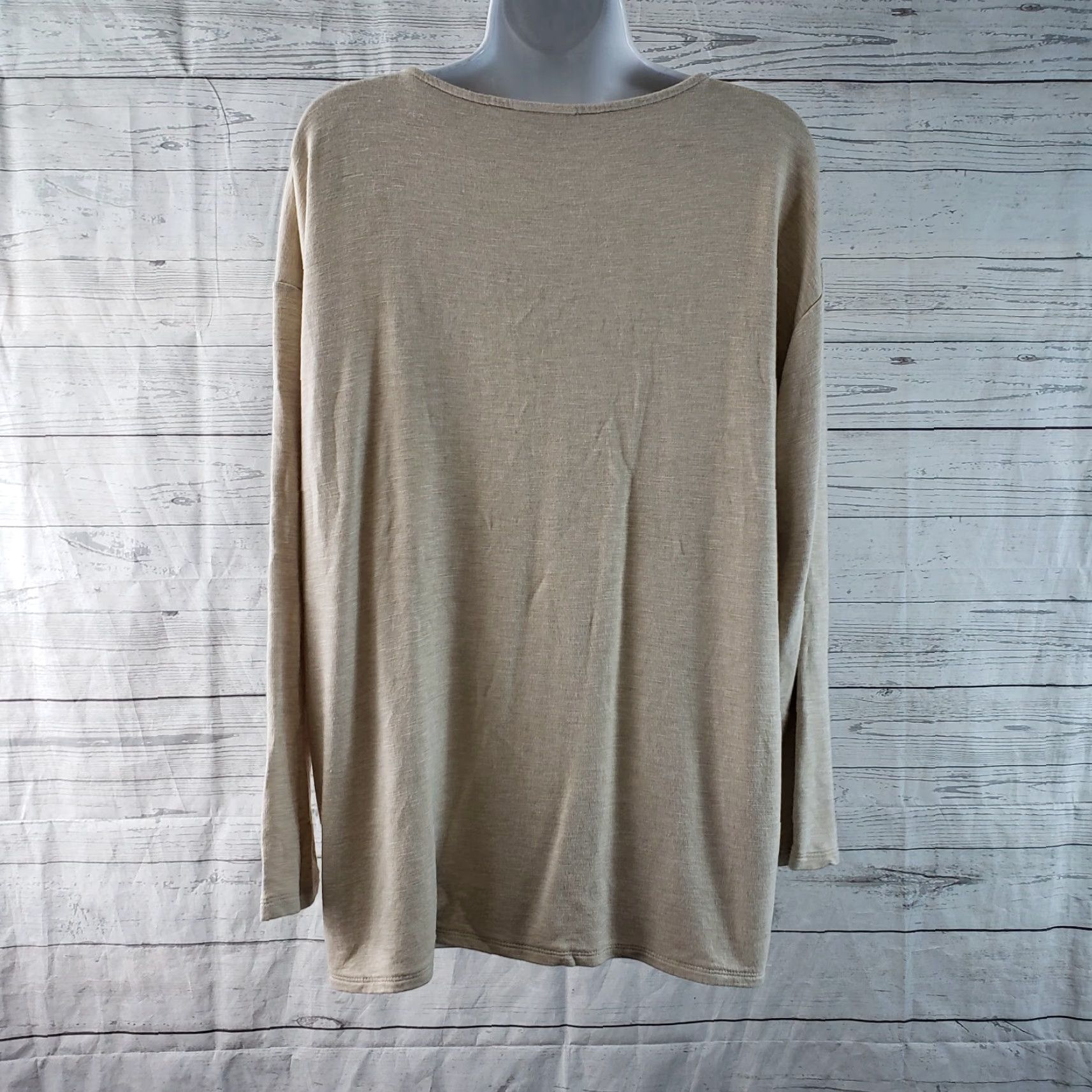 Vintage PureJill Womens Blouse Long Sleeve Beige Blue Rayon Blend Size L XS? Wait. Size L / US 10 / IT 46 - 5 Thumbnail