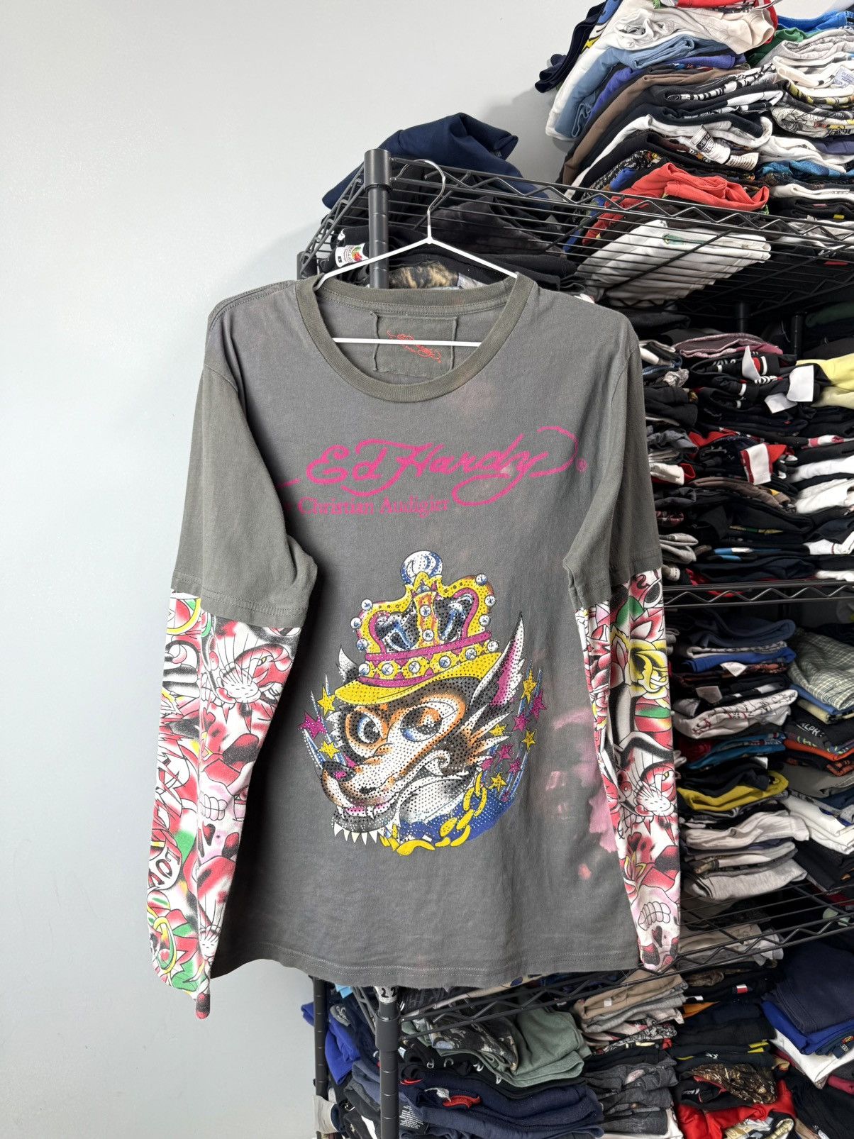 Christian Audigier Vintage Ed Hardy Rhinestones Wolf Longsleeve Punk Rock Size US XL / EU 56 / 4 - 1 Thumbnail