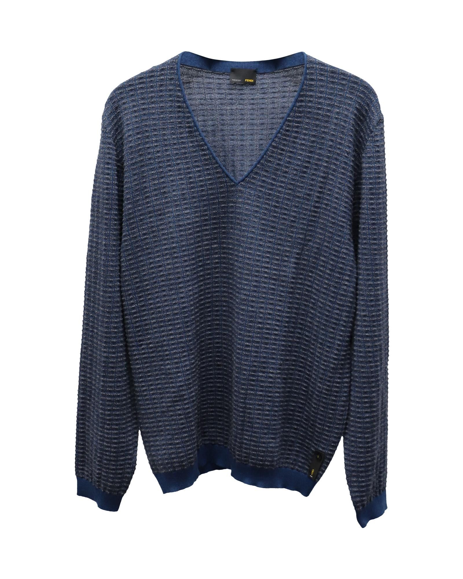 image of Blue Knitted V-Neck Sweater In Wool By Fendi, Men's (Size 2XL)