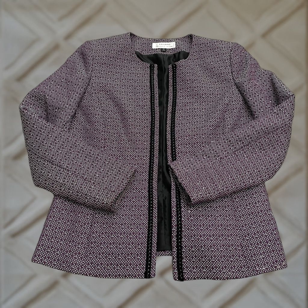 Vintage Tahari Blazer Open Coat Womens 10 Purple Geometric Lined - Tahari Arthur S. Levine Open Coat Blazer Womens 10 Purple Geometric Lined Work Size L / US 10 / IT 46 - 1 Thumbnail