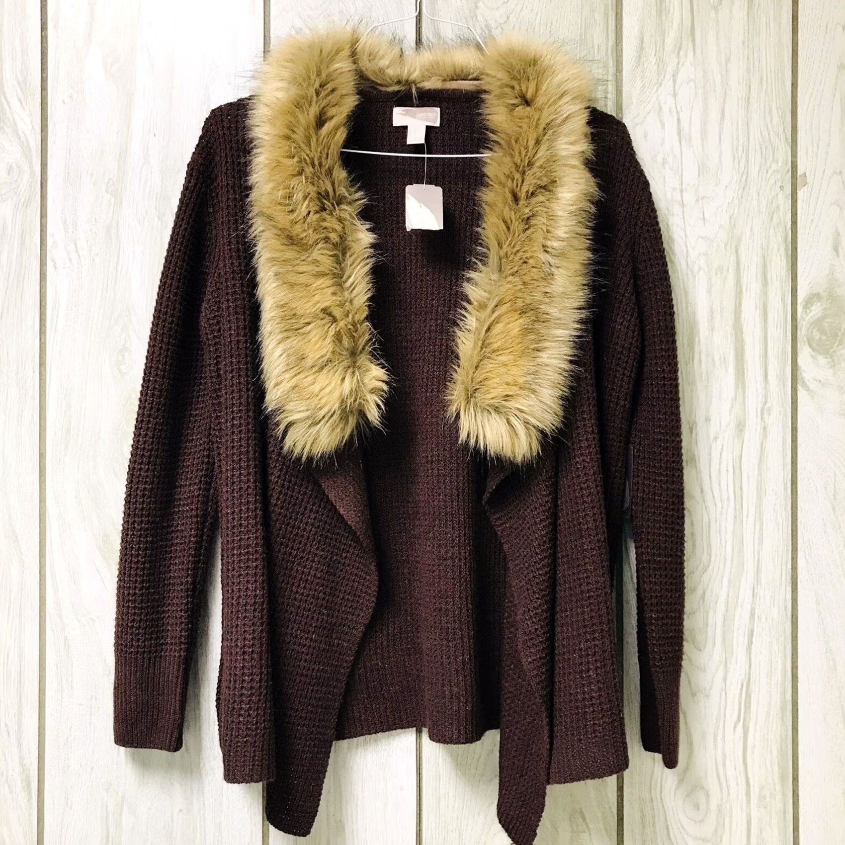 Forever 21 Forever 21 Women Knit Faux Fur Trim Detachable Collar Open Sweater Cardigan S Brown Wool Polyester Knit Fur Trim Womens Cardigan Size S / US 4 / IT 40 - 2 Thumbnail
