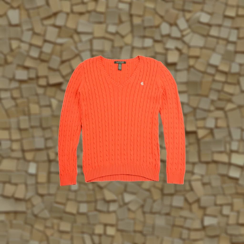 Ralph Lauren VINTAGE LRL Lauren Ralph Lauren Cable Knit Orange V-Neck Pullover Sweater Size S Womens Size S / US 4 / IT 40 - 1 Thumbnail