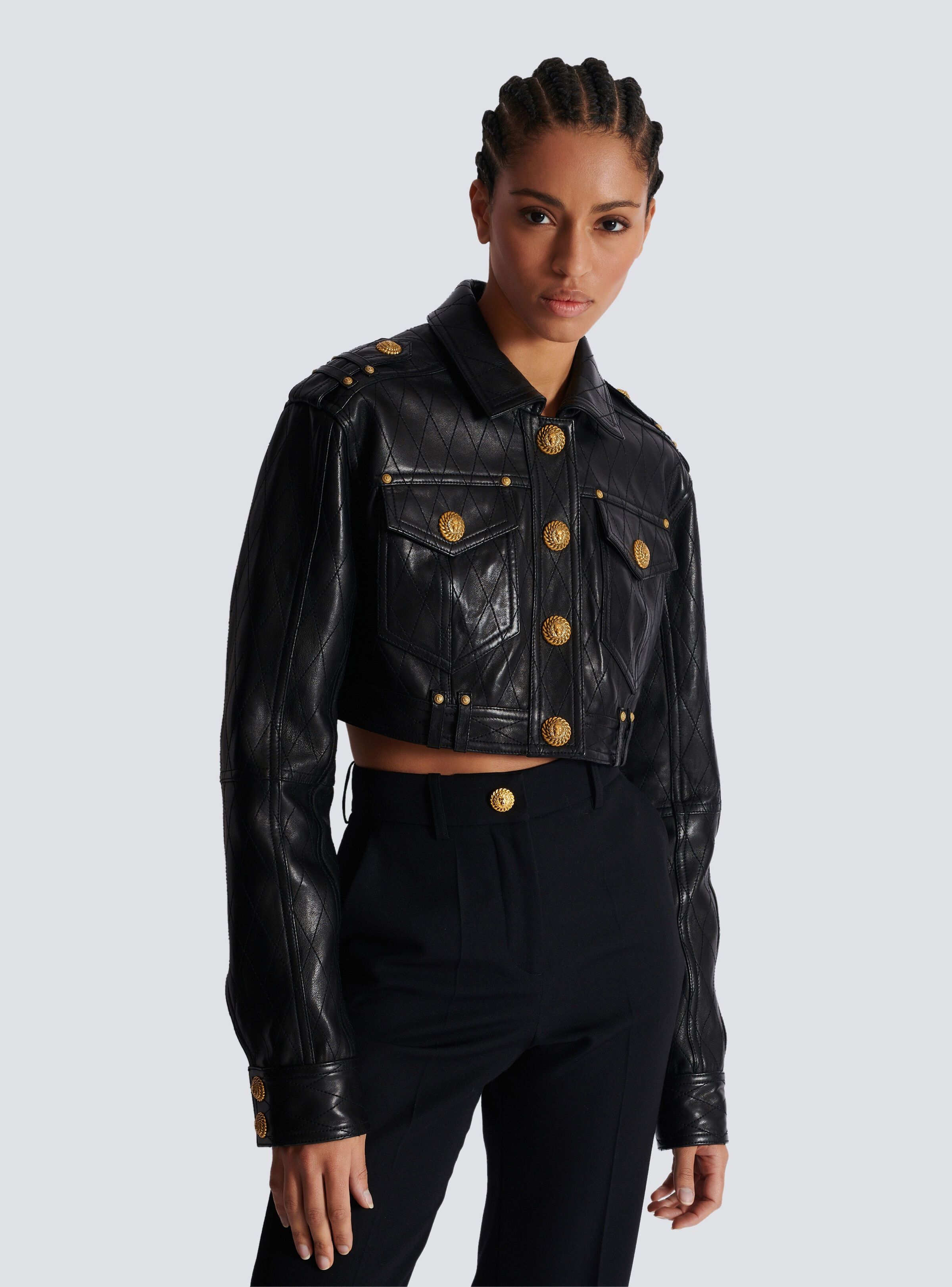 Balmain o1s1wg110725 Topstitched Cropped Leather Jacket in Black Size XL / US 12-14 / IT 48-50 - 4 Thumbnail