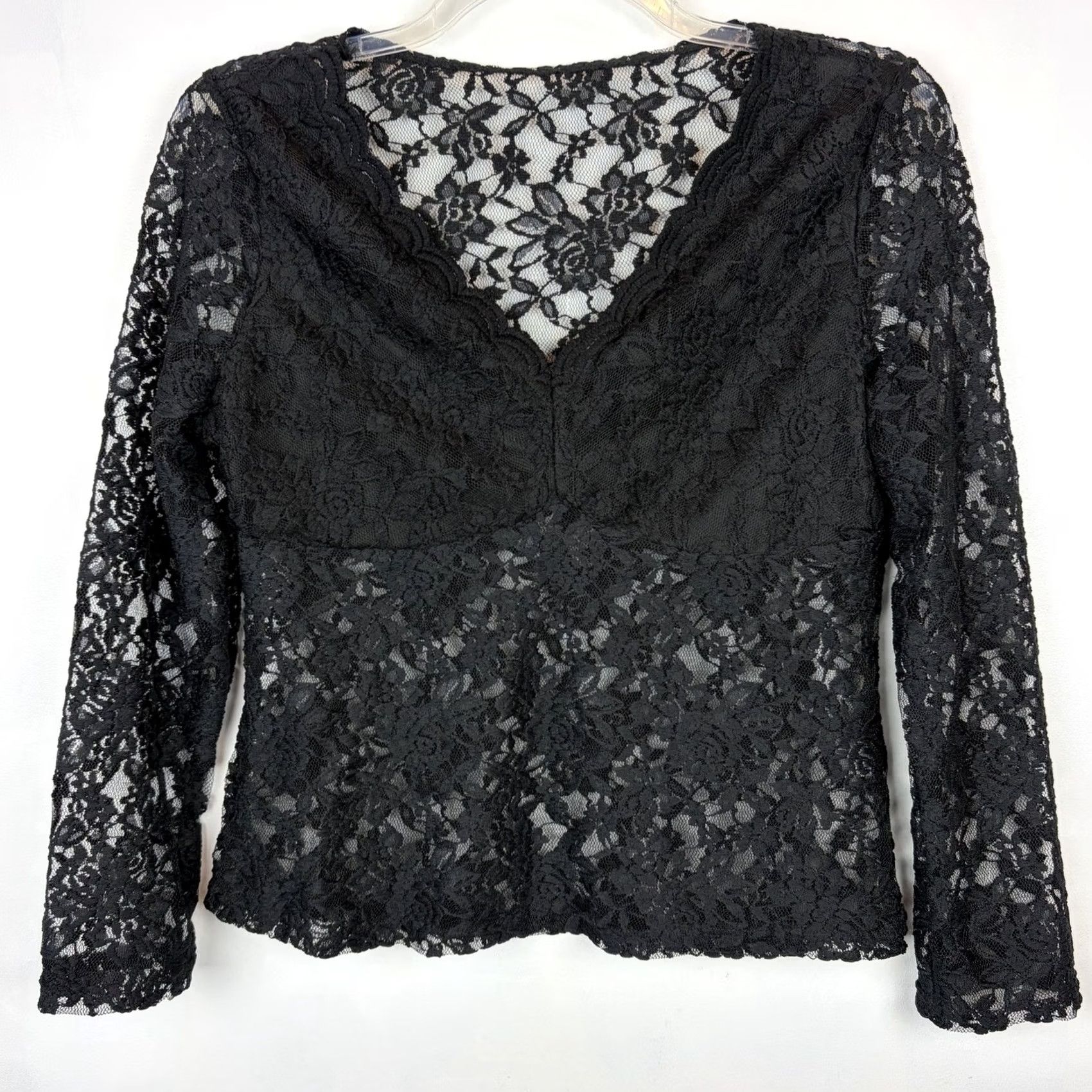 Vintage Black Lace Top Womens 2XL Blouse Long Sleeve Round Neck Solid Sheer Stretch Breathable Casual Bohemian Classic Womens Size XXL / US 16-18 / IT 52-54 - 2 Thumbnail