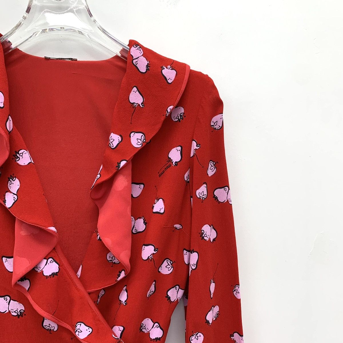 Miu Miu Miu Miu Red V-neck Lace Long Sleeve Dress K26WX Size XS / US 0-2 / IT 36-38 - 3 Thumbnail