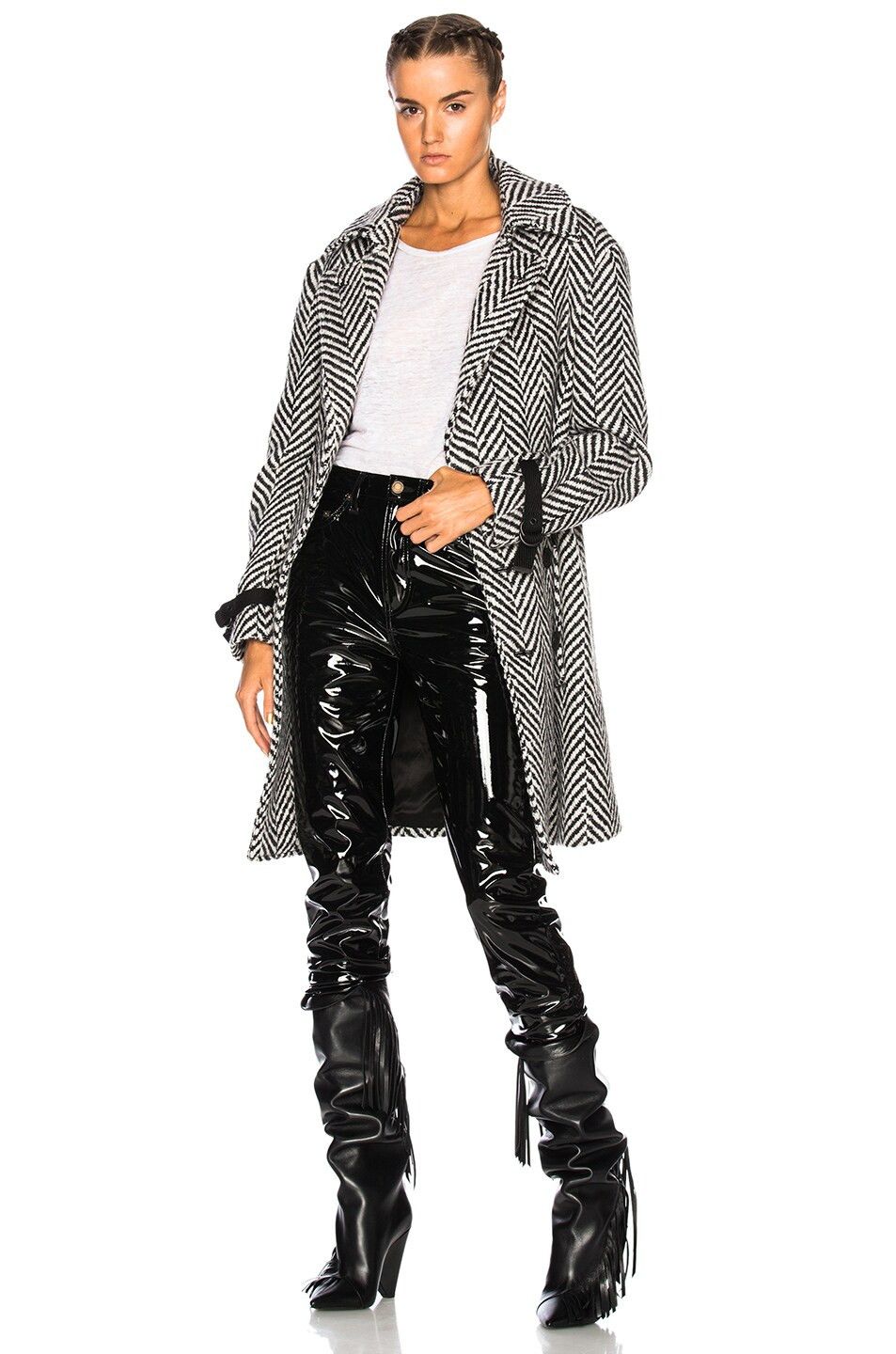 Saint Laurent Paris Black and White Herringbone Wool Belted Coat Size XS / US 0-2 / IT 36-38 - 3 Thumbnail