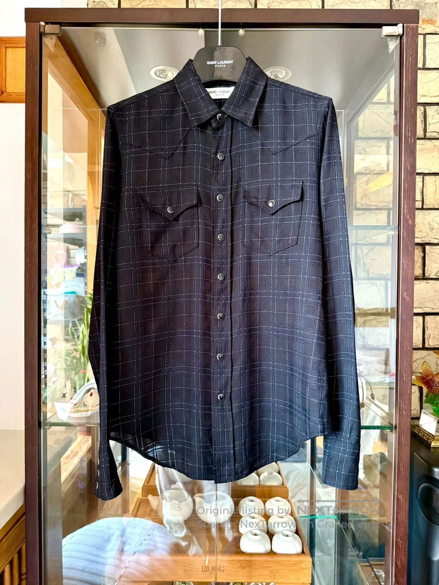 saint laurent black checkered button-up shirt.