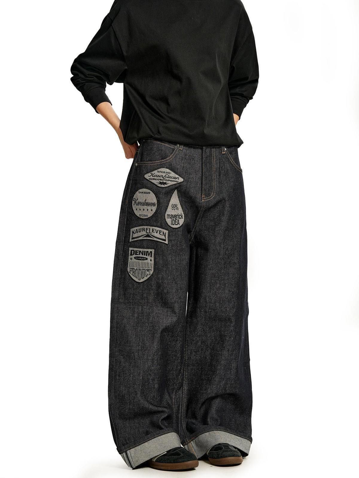 Jean Letter-Embroidered Raw Indigo Wide-Leg Selvedge Jeans Size US 32 / EU 48 - 2 Thumbnail