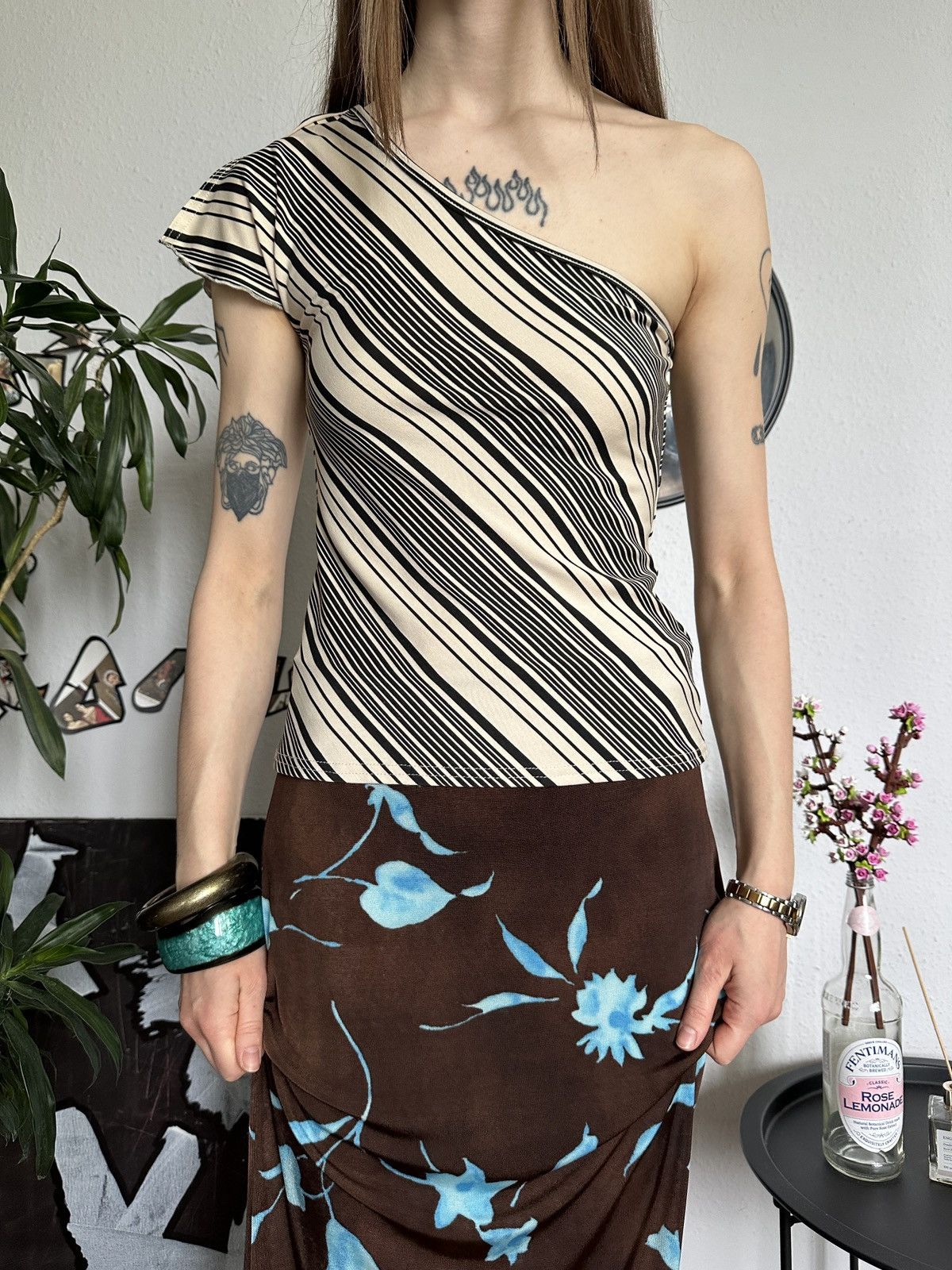Vintage Asymmetrical One Shoulder Striped Slim Trending Top Size L / US 10 / IT 46 - 2 Thumbnail