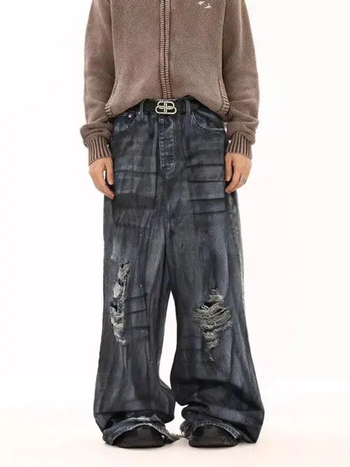 Other Vintage washed corrugated ripped wide-leg jeans Size US 34 / EU 50 - 3 Thumbnail