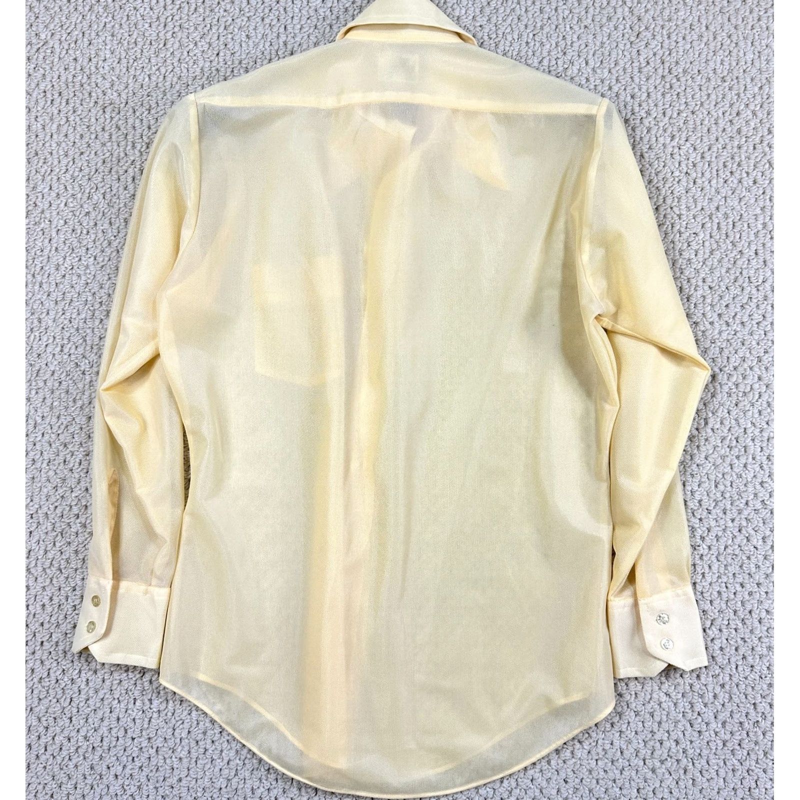 Vintage VINTAGE Montgomery Ward Shirt Men 15-33 Yellow Disco Sheer Lightweight Dagger Collar Button-Front Long Sleeve 1970s Mod Hippie Disco Clubwear Mens Size US M / EU 48-50 / 2 - 2 Thumbnail