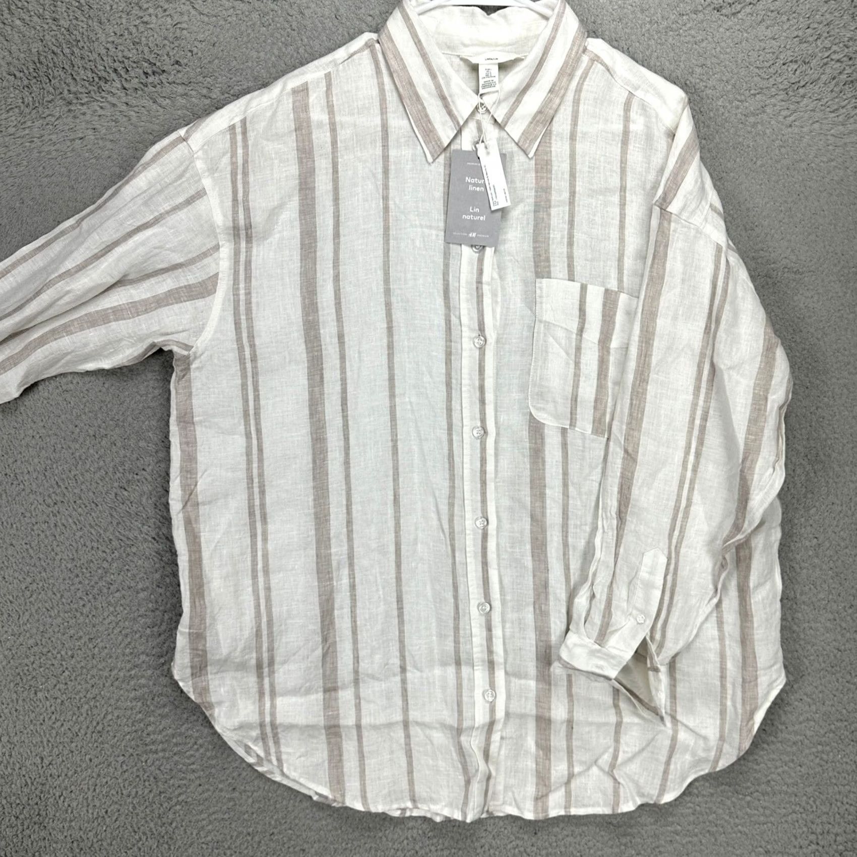 H&M H&M Womens Linen Button Up Shirt Large White Brown Striped Long Sleeve Top NEW Size L / US 10 / IT 46 - 2 Thumbnail
