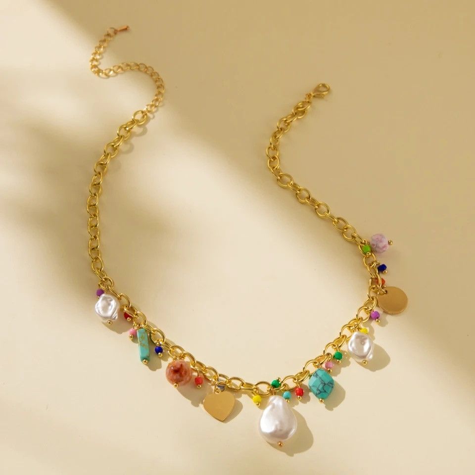 Handmade × Jewelry Colorful Natural Stone Shell Rice Bead Pendant Necklace Size ONE SIZE - 1 Thumbnail