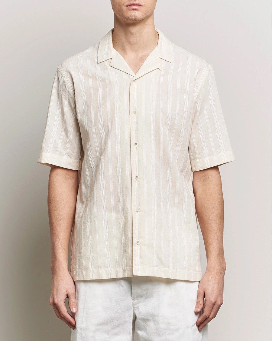Sunspel Men’s S/S Embroidered Stripe Shirt in Ecru Size US M / EU 48-50 / 2 - 8 Thumbnail