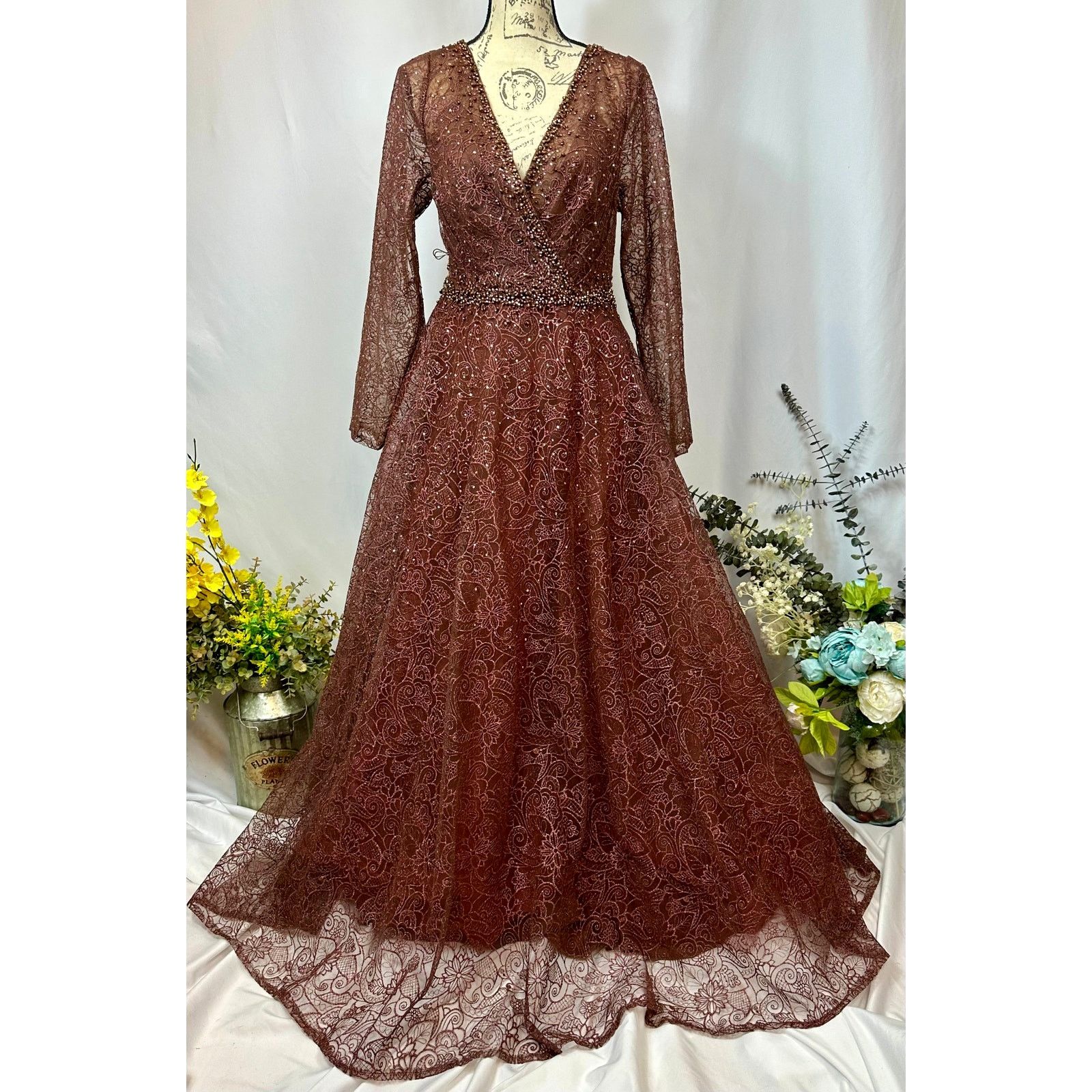 Other Mac Duggal Embellished Illusion V-Neck Gown Chocolate 12 Size XL / US 12-14 / IT 48-50 - 5 Thumbnail