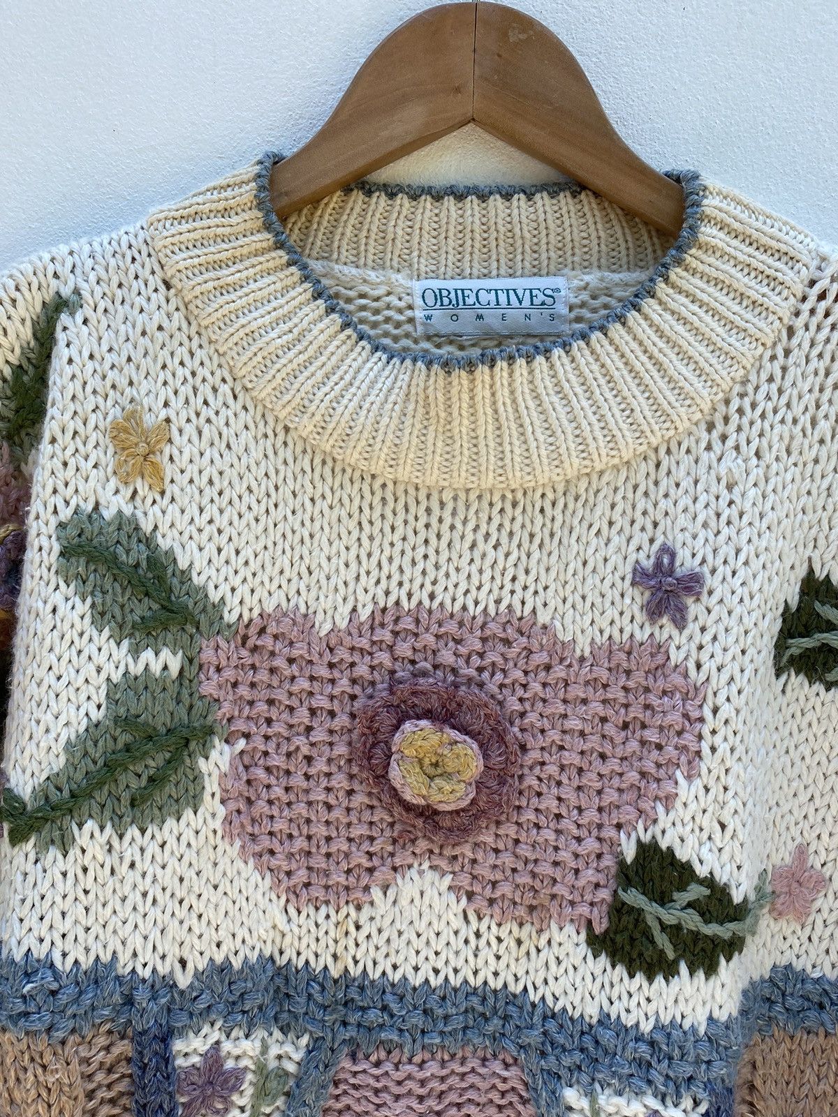 Designer × Vintage OBJECTIVES Floral Embroidery Knit Sweater Size XL / US 12-14 / IT 48-50 - 3 Thumbnail