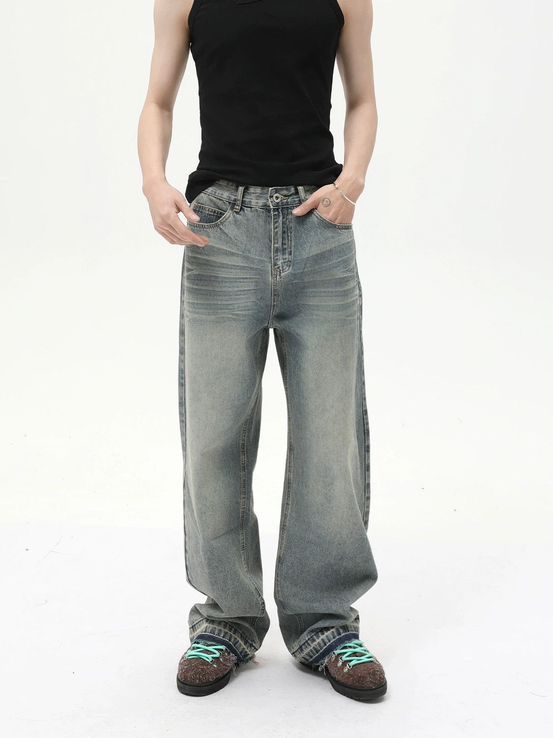Vintage Retro distressed raw edge all-match casual loose jeans Size US 32 / EU 48 - 1 Thumbnail