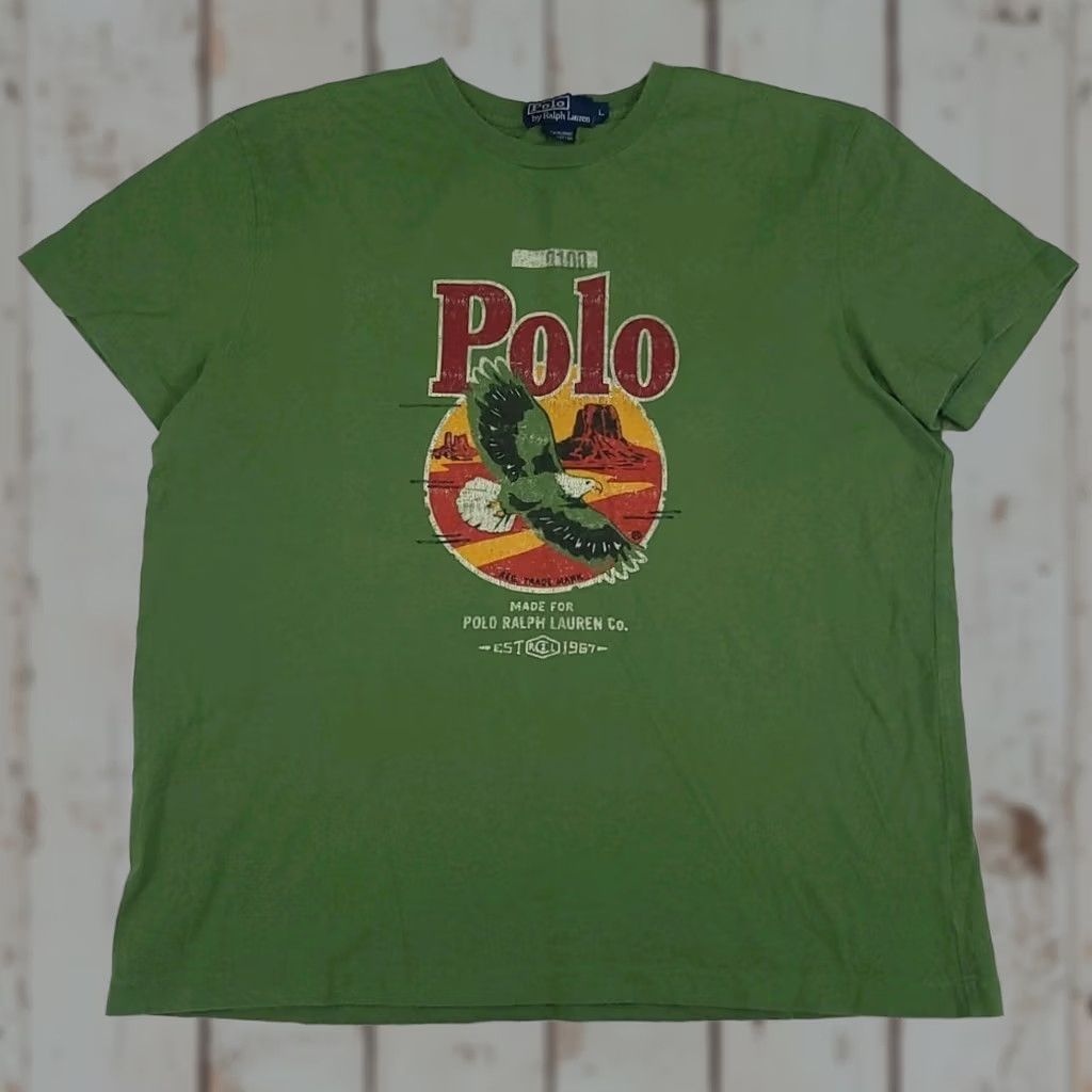 Polo Ralph Lauren VINTAGE Polo Ralph Lauren Eagle Print T Shirt Western Shirt Mens M/L Green 90s RL Outdoors Crew Neck Short Sleeve Size US M / EU 48-50 / 2 - 1 Thumbnail