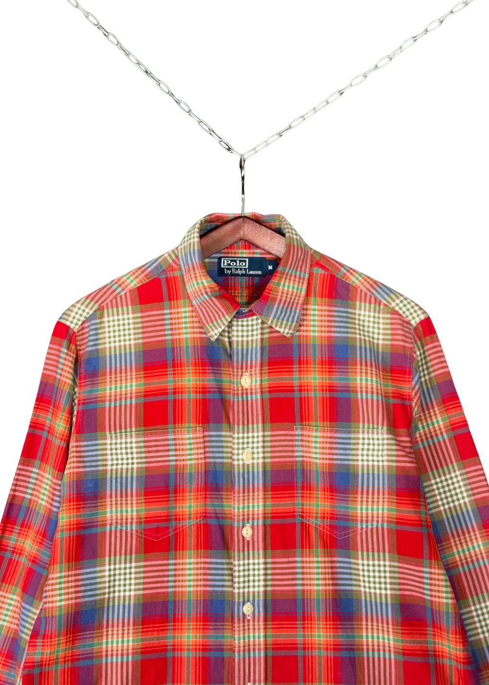 VTG PRL Madras Plaid Work Shirt Red Multicolour Cotton image 5
