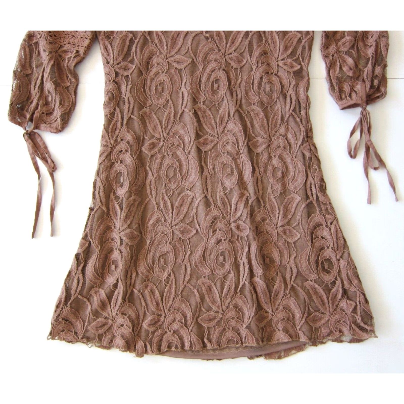 Vintage Solitaire Ravi Khosla Brown Crochet Lace Square Neck 3/4 Sleeve Tunic Dress M Size M / US 6-8 / IT 42-44 - 7 Thumbnail
