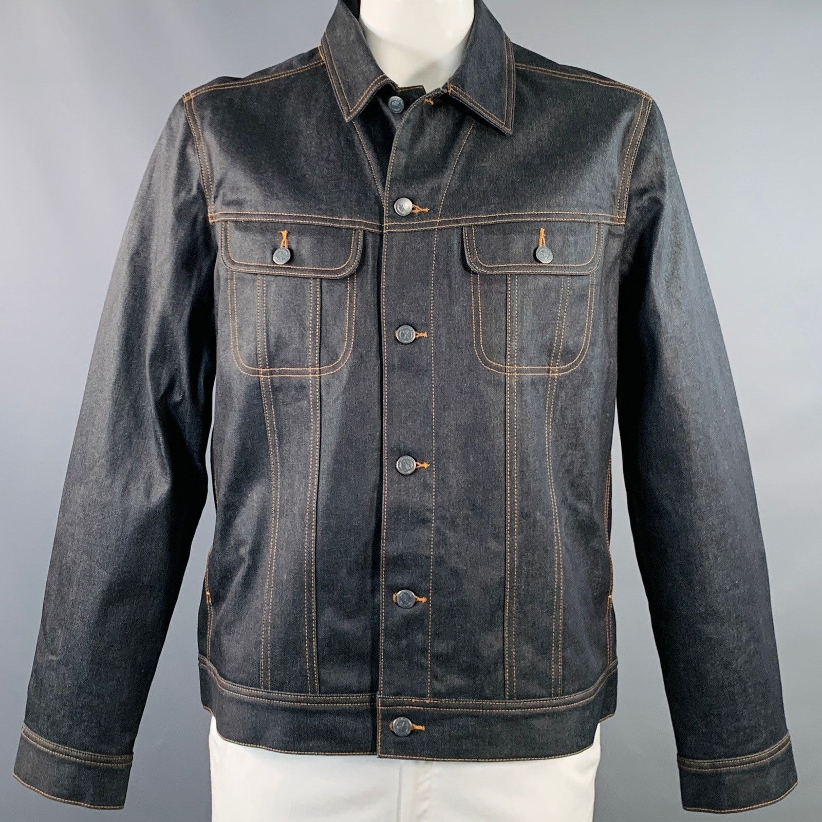Size XXL Blue Contrast Stitch Waxed Cotton Trucker Jacket