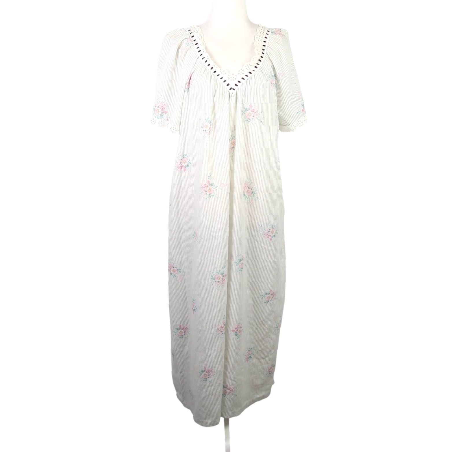 Vintage VINTAGE Maxi Nightgown Dress Cream Black Stripe Floral 80s L Womens Short Sleeve Bohemian Dress Size L / US 10 / IT 46 - 2 Thumbnail