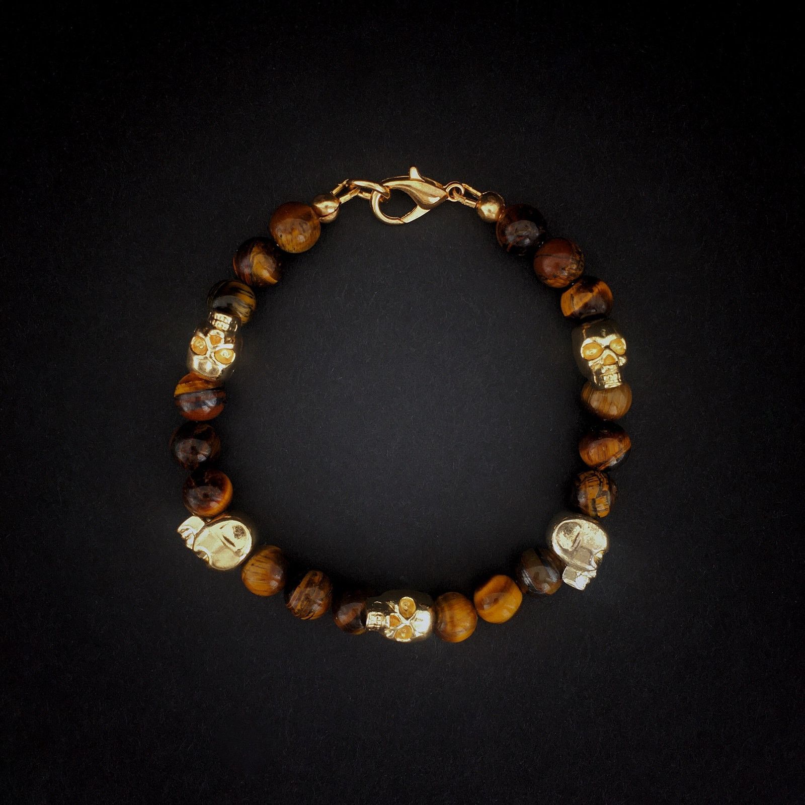 Handmade 💀 Gold Skull and Genuine Tiger’s Eye Beaded Bracelet Size ONE SIZE - 3 Thumbnail