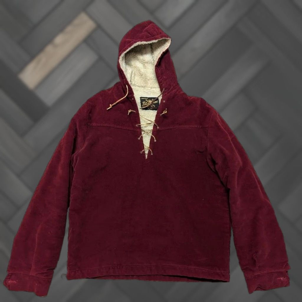 Velvet VINTAGE velvet smock jacket Shirt M Burgundy Mens 42 in Velour Hooded Tie Zip front 1950s 60s Westerm boho hippie Size US M / EU 48-50 / 2 - 1 Thumbnail