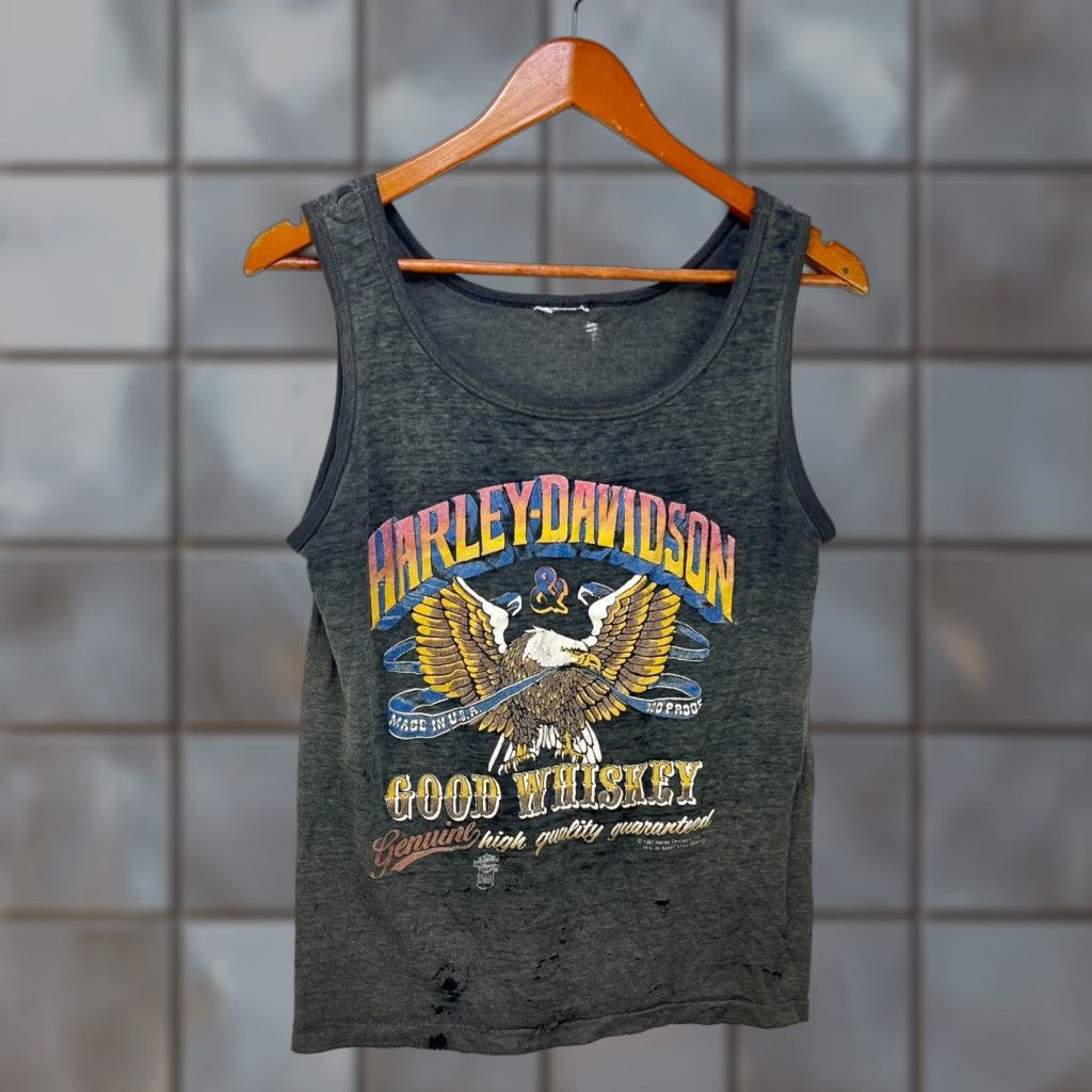VINTAGE Harley-Davidson 3D Emblem Tank Top Shirt Womens Small 80s 90s Black Cotton Flannel Pockets