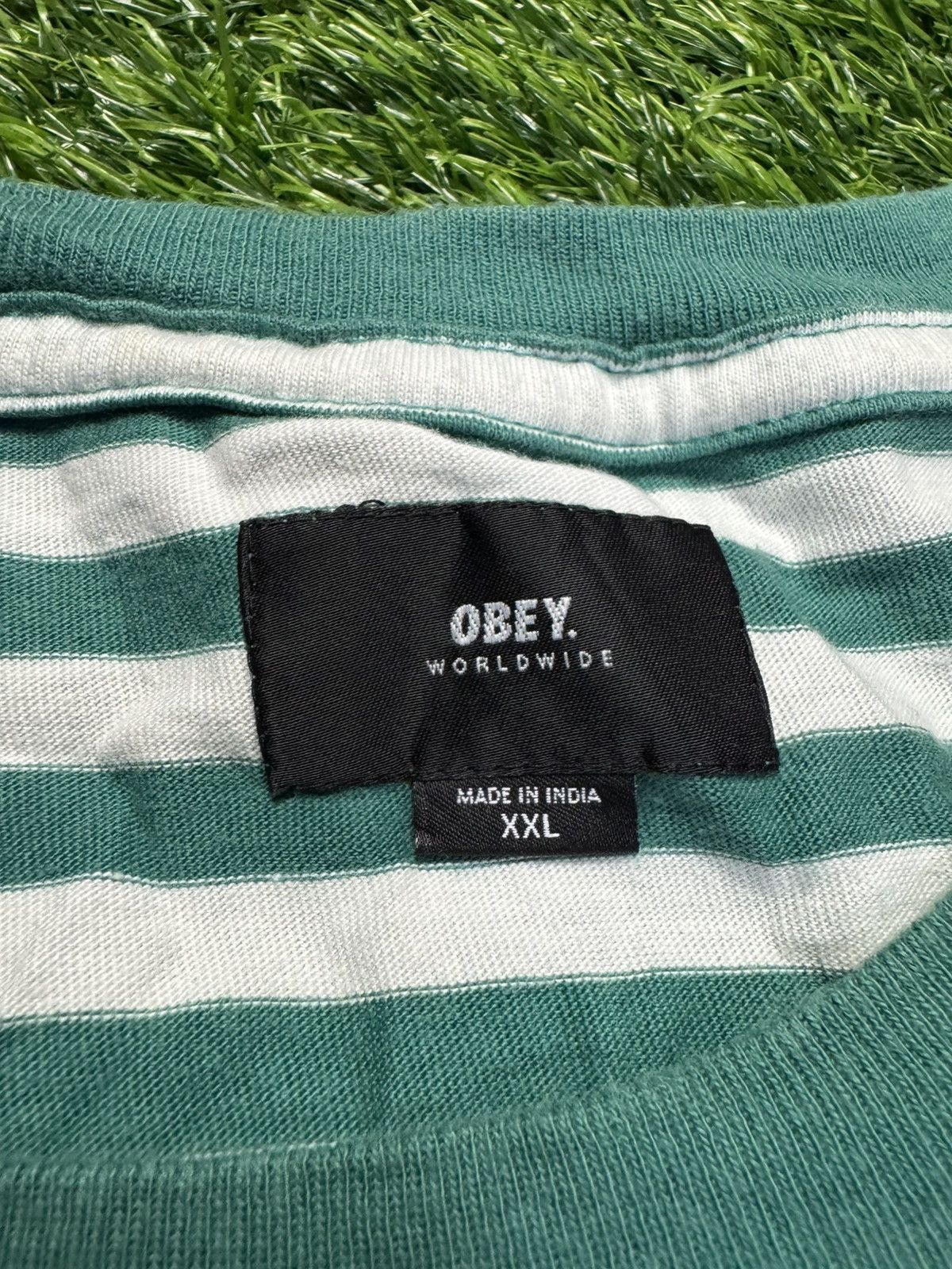 Japanese Brand × Obey assorted tshirt - obey green stripe tshirt Size US XXL / EU 58 / 5 - 5 Thumbnail