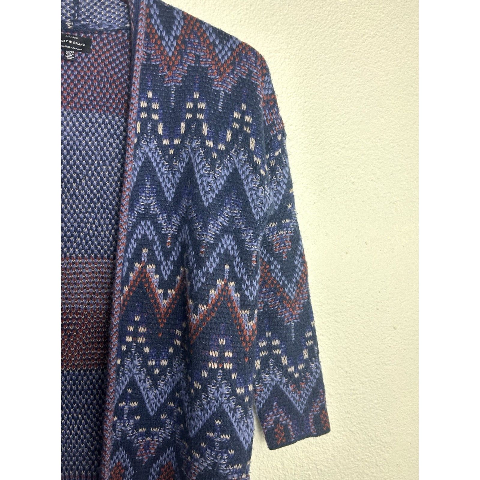 Lucky Brand VINTAGE Lucky Brand Cardigan Women XS Wool Blend Blue Red Southwest Open Front 3/4 Sleeve Knit Sweater Size XS / US 0-2 / IT 36-38 - 5 Thumbnail