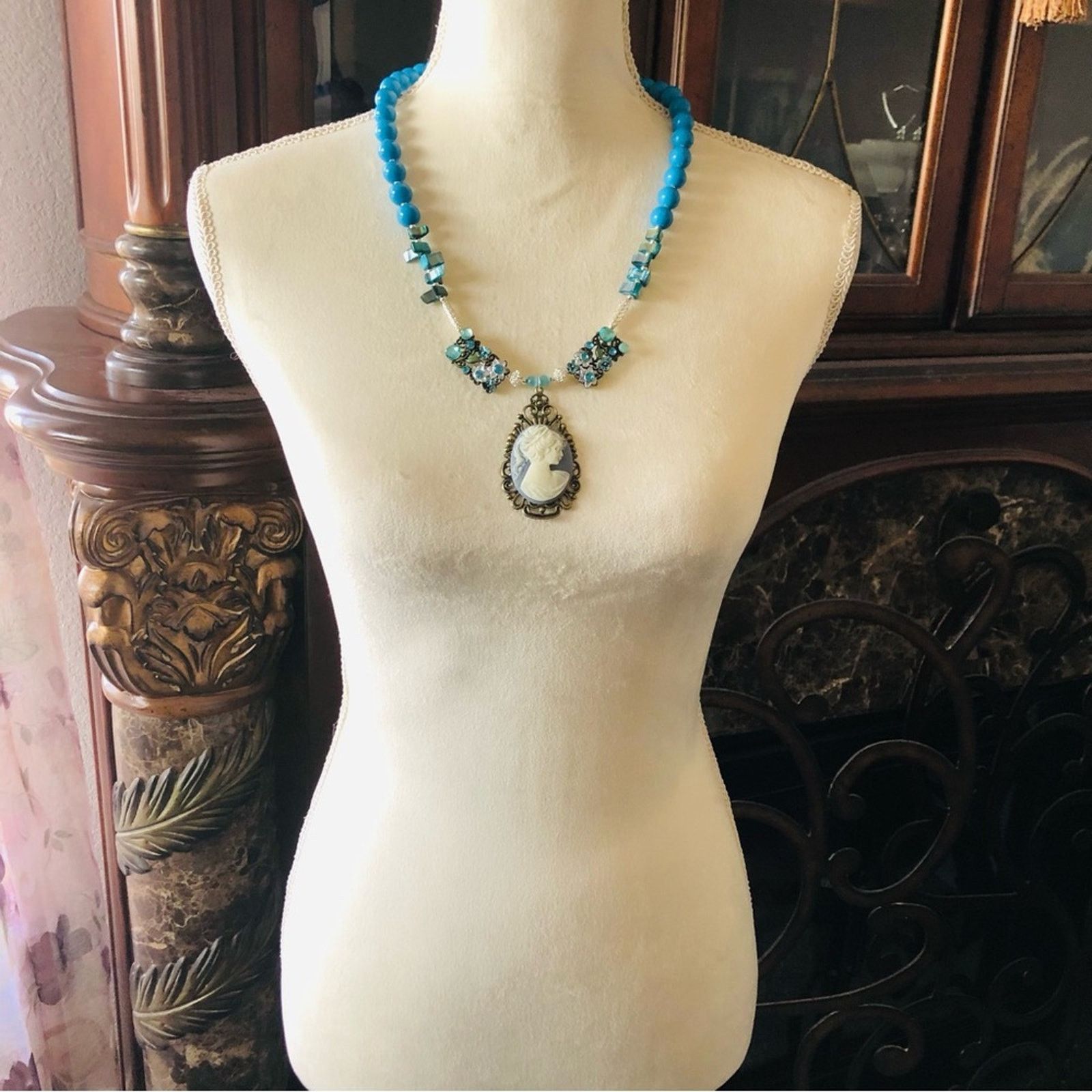 Handmade Handcrafted lady in blue mixed bead filigree cameo necklac Size ONE SIZE - 6 Thumbnail