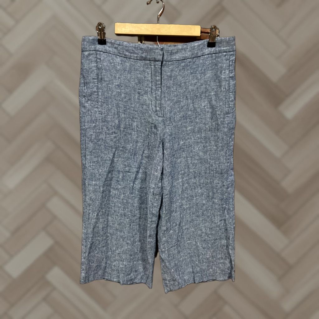 Ann Taylor Ann Taylor Women's Pants Capri Wide-Leg 12P Petite Linen Viscose Blue White Regular 23in Inseam Flat Front High Rise Pockets Size 34" / US 12 / IT 48 - 1 Thumbnail