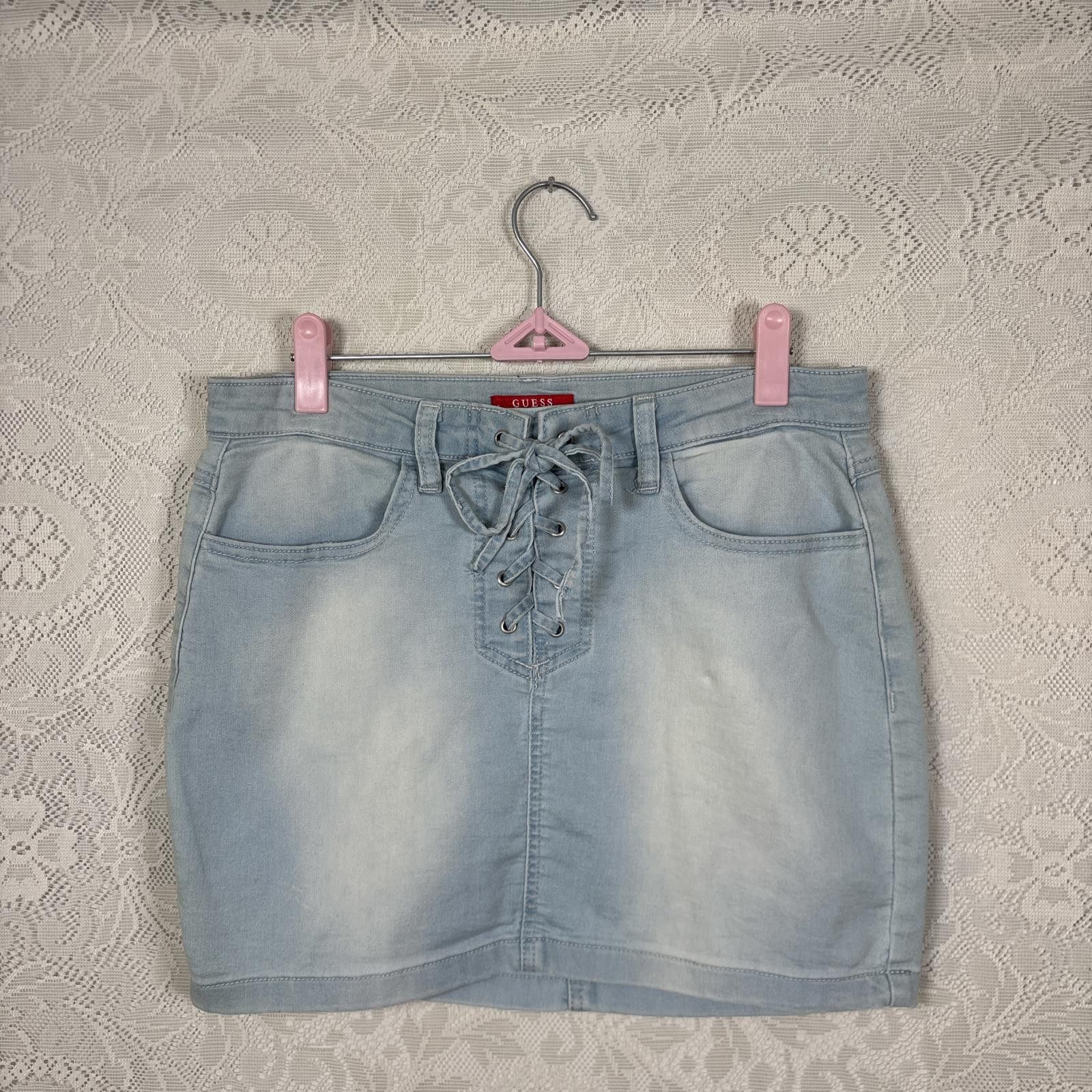 Guess y2k denim light wash lace up mini skirt Size 32" / US 10 / IT 46 - 1 Thumbnail