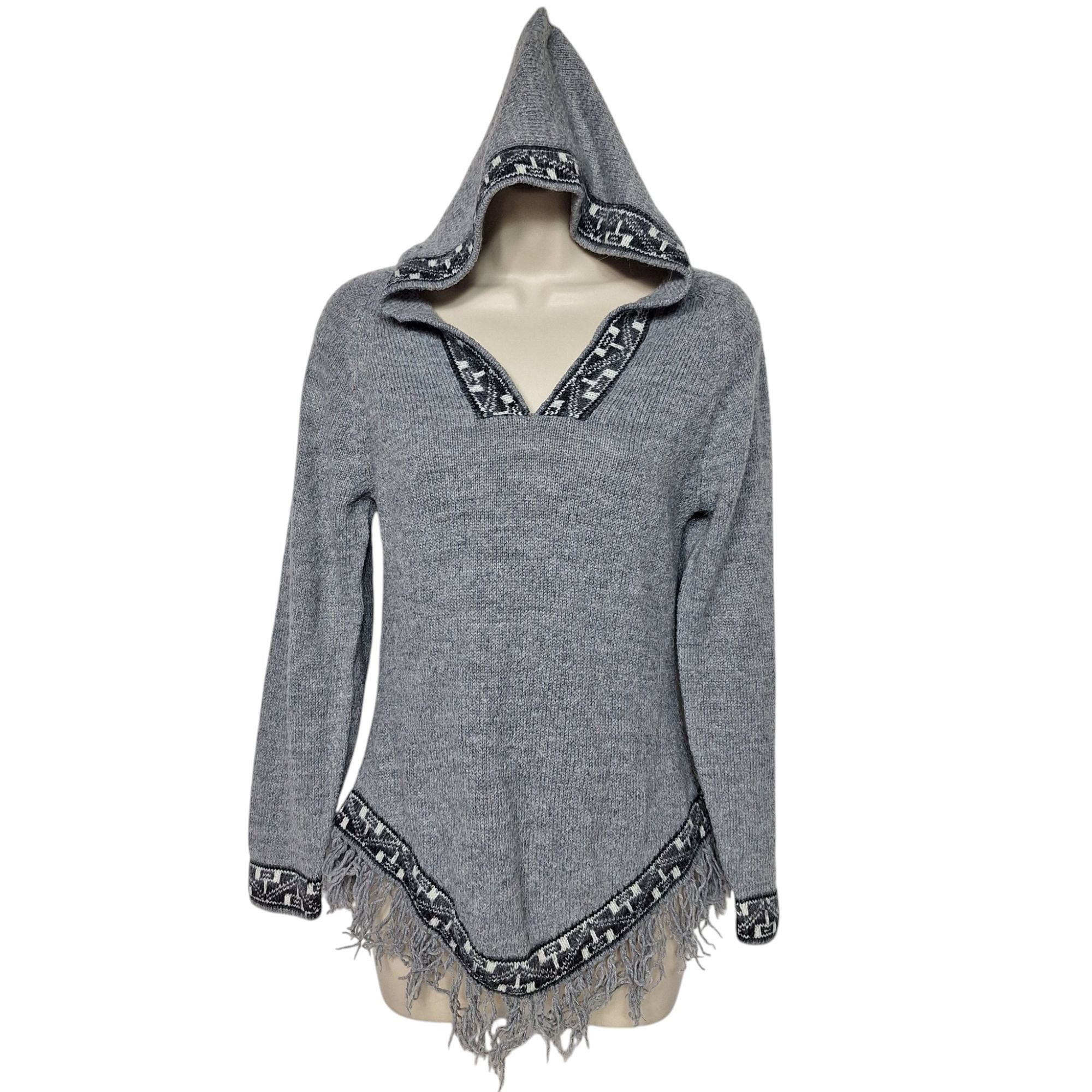Other Vintage Grey Hooded Knit Fringe Tassel Baja Poncho Pullover Size S / US 4 / IT 40 - 2 Thumbnail
