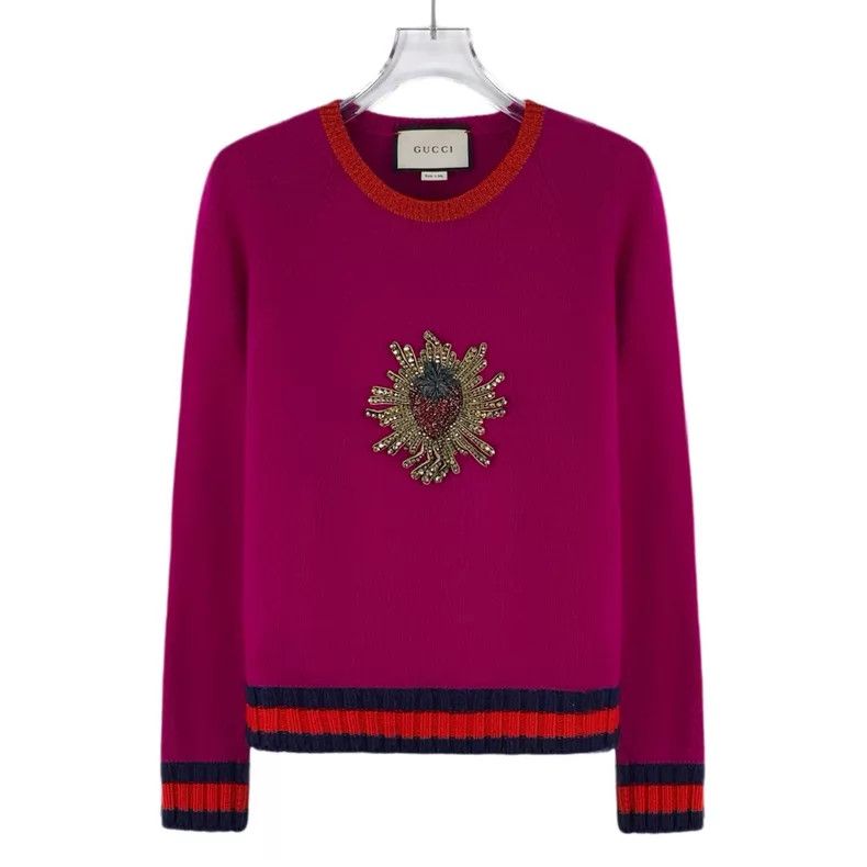 Gucci Gucci Rose-red strawberry diamond-encrusted wool round-nec Size S / US 4 / IT 40 - 1 Thumbnail
