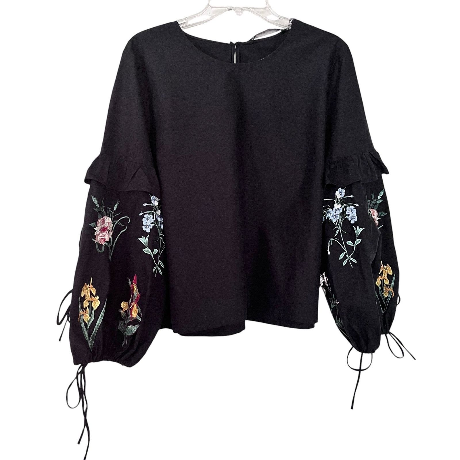 Zara Zara Trafaluc Black Floral Embroidered Ruffle Blouse Size L / US 10 / IT 46 - 2 Thumbnail